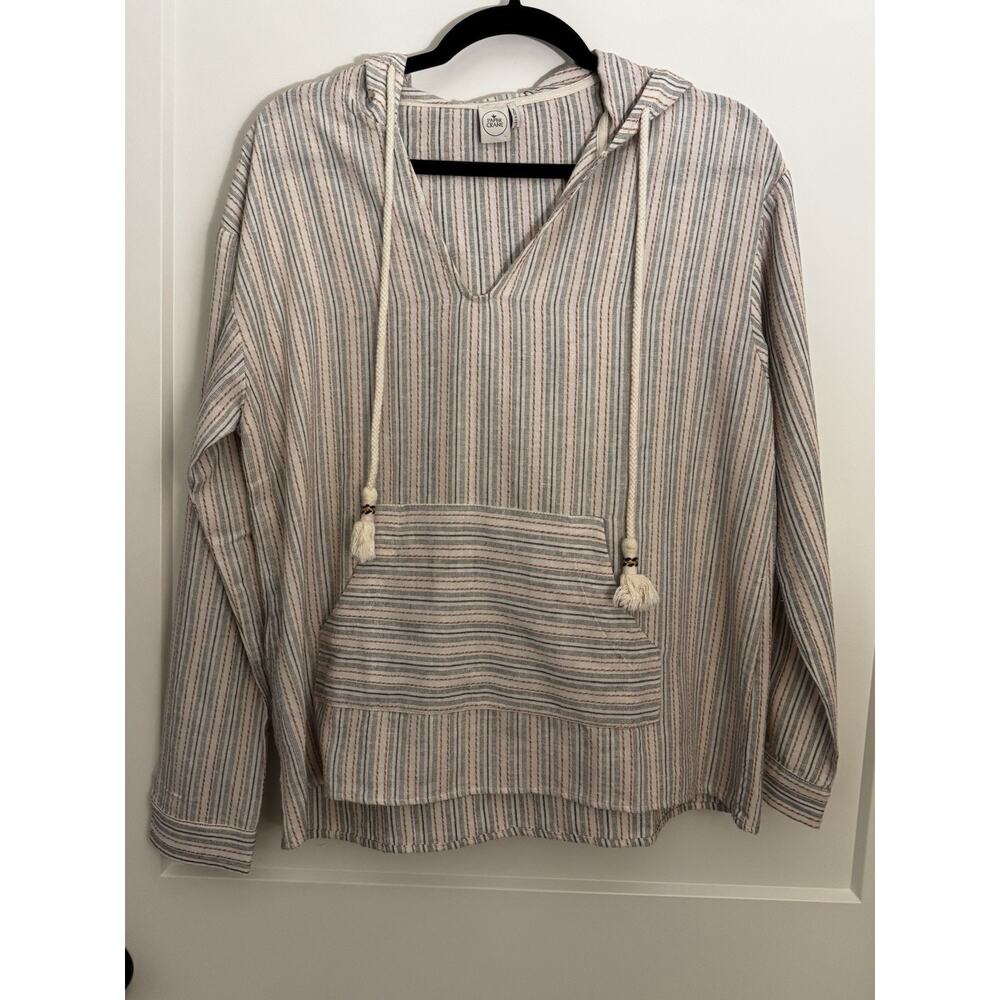 Paper Crane Long Sleeve Hoodie Linen Blend Shirt Women's Sz L White Stripe